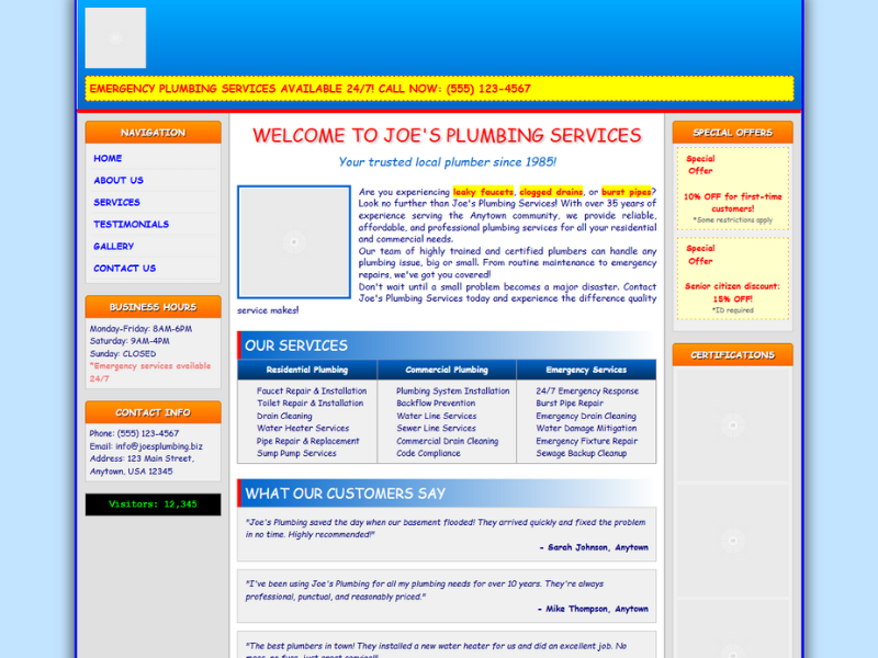 Outdated plumbing service website design